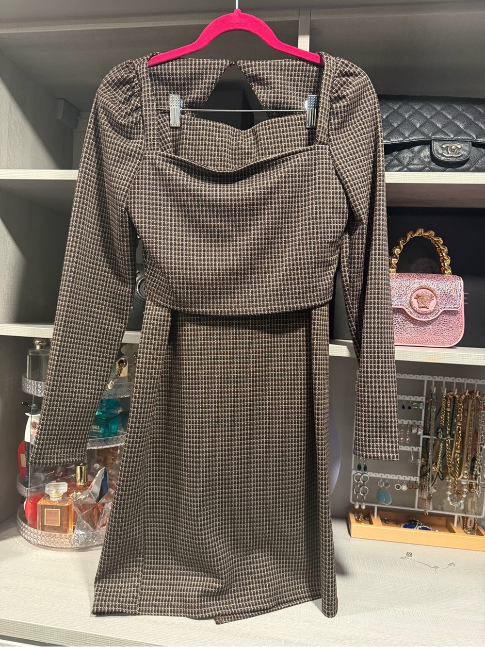 House of Harlow 1960 Brown Houndstooth Long-Sleeve Midi Dress